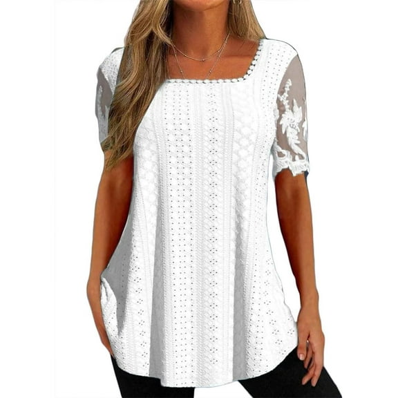 Summer Women's Tops Square Neck Shirts Hollow Lace Short Sleeve T-Shirt Casual Solid Color Eyelet Tees