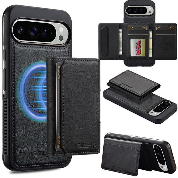 Detachable Magnetic Wallet Case for Google Pixel 10 /10 Pro, Premium PU Leather RFID Blocking Card Holder with Kickstand, TPU Shockproof Drop Protective Slim Cover, Wireless Charging Compatible,Black
