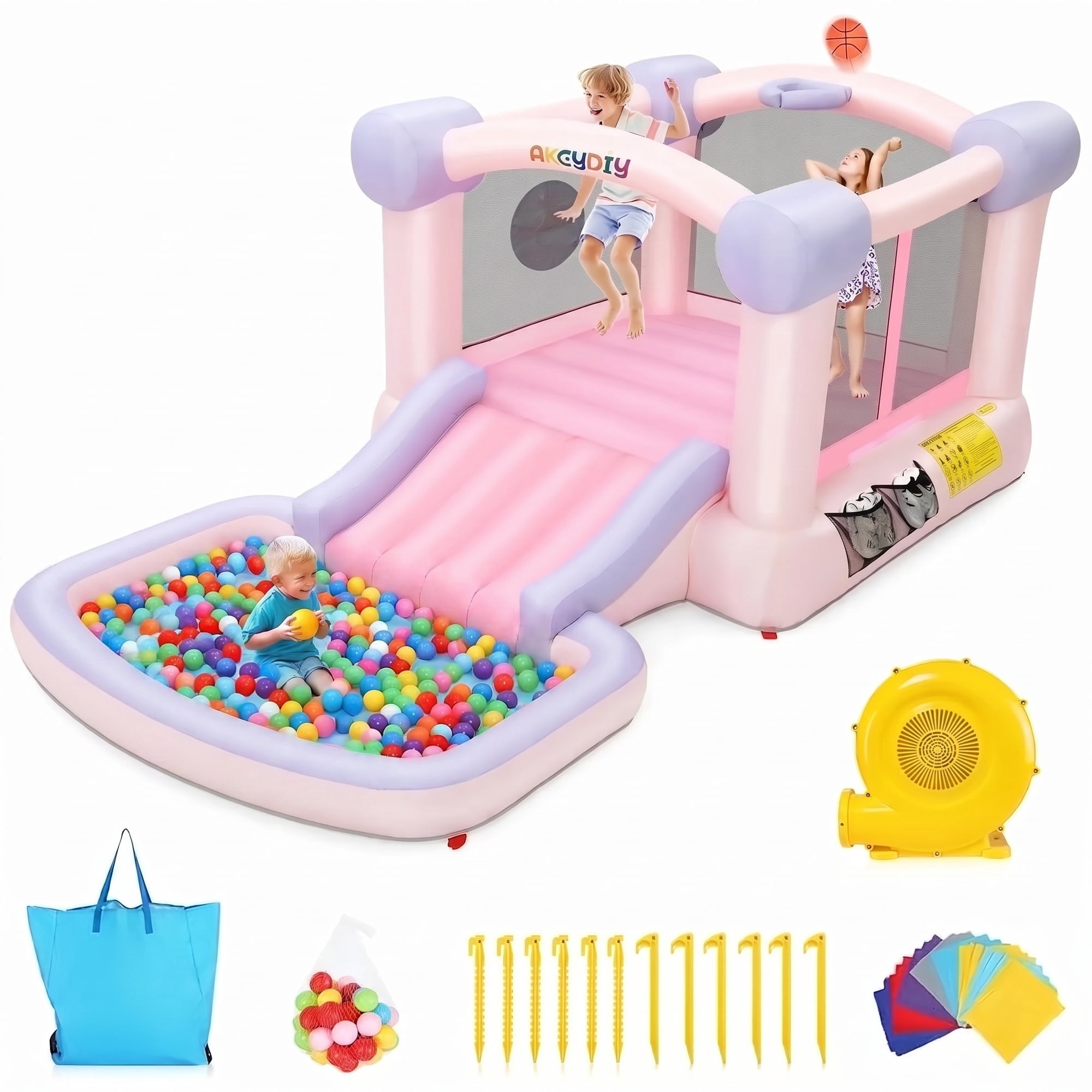Adnoom Pink Bounce House, Inflatable Bounce Castle for Kids 3-10, Children's Indoor/Outdoor Jumping House with 470W Blower, Wide Slide, Ball pit, 50 Ocean Balls, Dart Game for Backyard Party Birthday