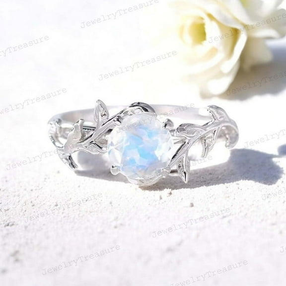 JEWELRYTREASURE 5 mm / 1.5 Ct Natural Rainbow Moonstone Ring 925 Sterling Silver Ring Twig Leaf Engagement Ring Solitaire Jewelry June Birthstone Ring Gift for Her