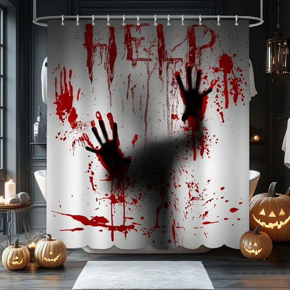 1pc Halloween Polyester Shower Curtain with Blood-Splattered Hands & Help Design - Spooky Red & Polyester Digital Print, Machine Washable 72x72 inch