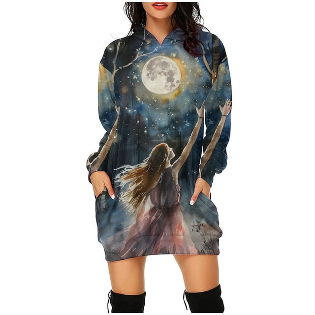 FcBaudy Robe à Capuche, Robes de Printemps pour Femmes, Robes pour Femmes Robe à Capuche à Manches Longues pour Femme avec Imprimé d'Halloween Robe Ample Mode Robe Courte Robe pour Femme
