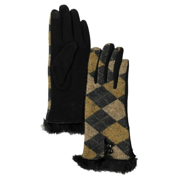 Womens Yellow & Black Argyle Faux Fur Stretch Fit Text & Tech Touchscreen Gloves
