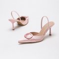 thumbnail image 5 of [On feet & in love] Women's Satin Pointed Toe Slingback Heels - Elastic Strap Stiletto Pumps with Fabric-Covered Circular Ring Detail,Pink,8.5, 5 of 7