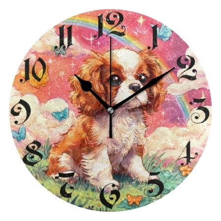 DEIARA King Charles Spaniel Burgundy Butterfly Wall Clock 10in Silent Mechanism Battery Operated Retro Style for Living Room Bedroom and Kitchen Black Pointer