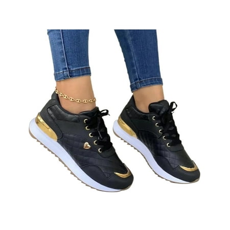 

Colisha Ladies Casual Sneakers Patchwork Sport Shoe Lace Up Walking Shoes Jogging Nonslip Sneaker Flat Flats Black 9