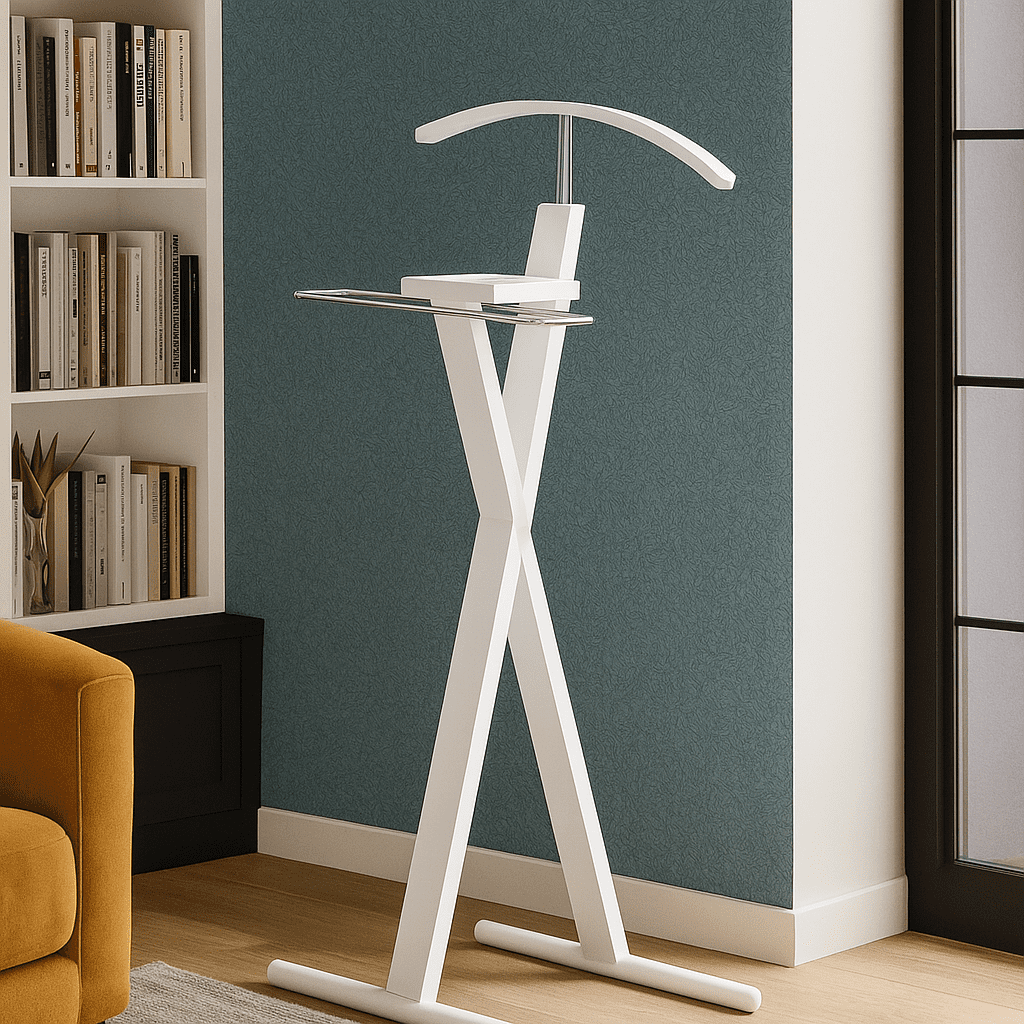 Proman Products Modern Decorative Valet Stand with Bend Wood Hanger - White