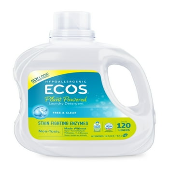 ECOS  Powered Liquid Laundry Detergent with Stain-Fighting Enzymes, Free & Clear, 120 Loads, 110 Ounce, Hypoenic for sensitive skin