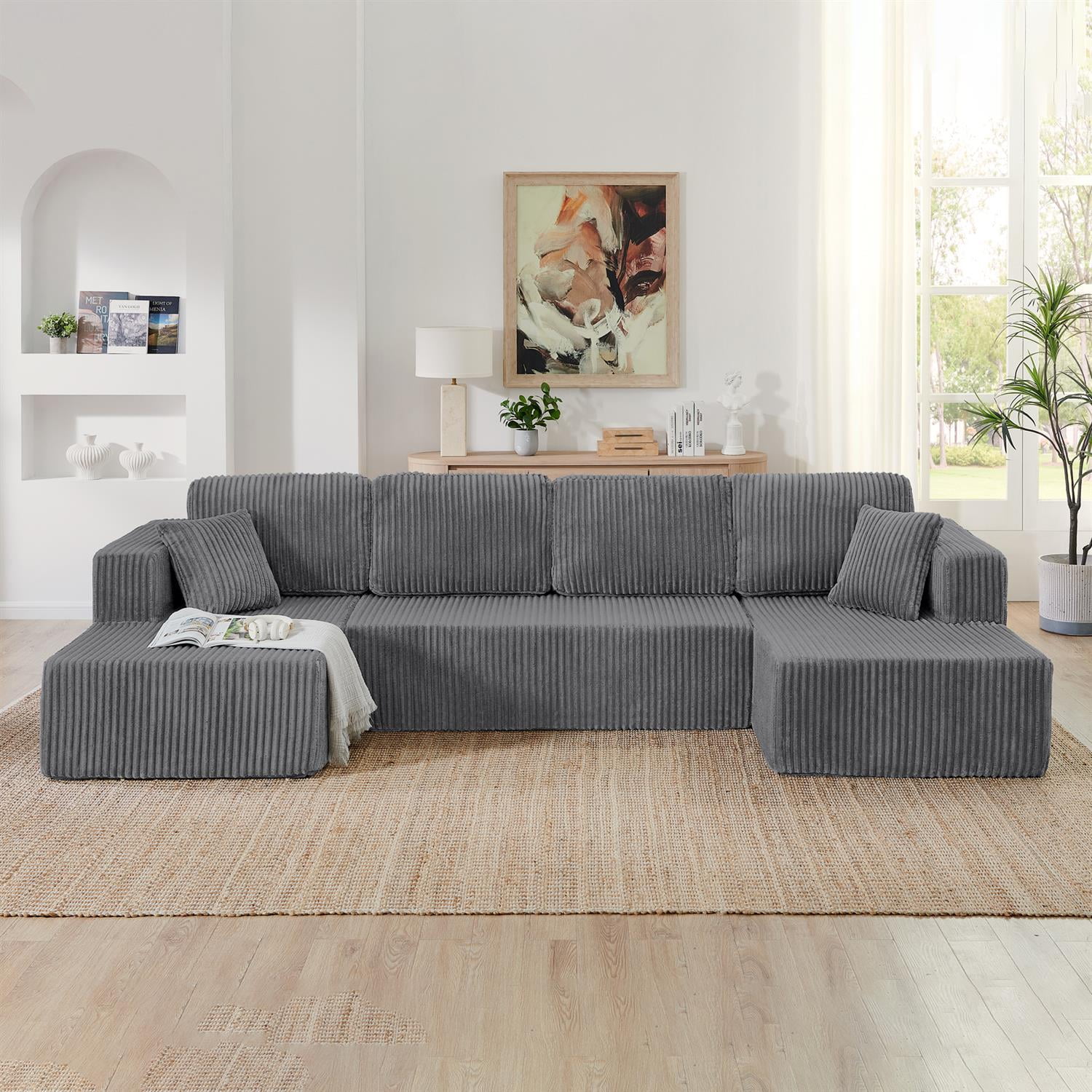 Demi Bonn 132" U-Shaped Modular Sectional Sofa, Modern Corduroy Couch for Living Room & Bedroom, Minimalist Comfy Sleeper Sofa, Gray