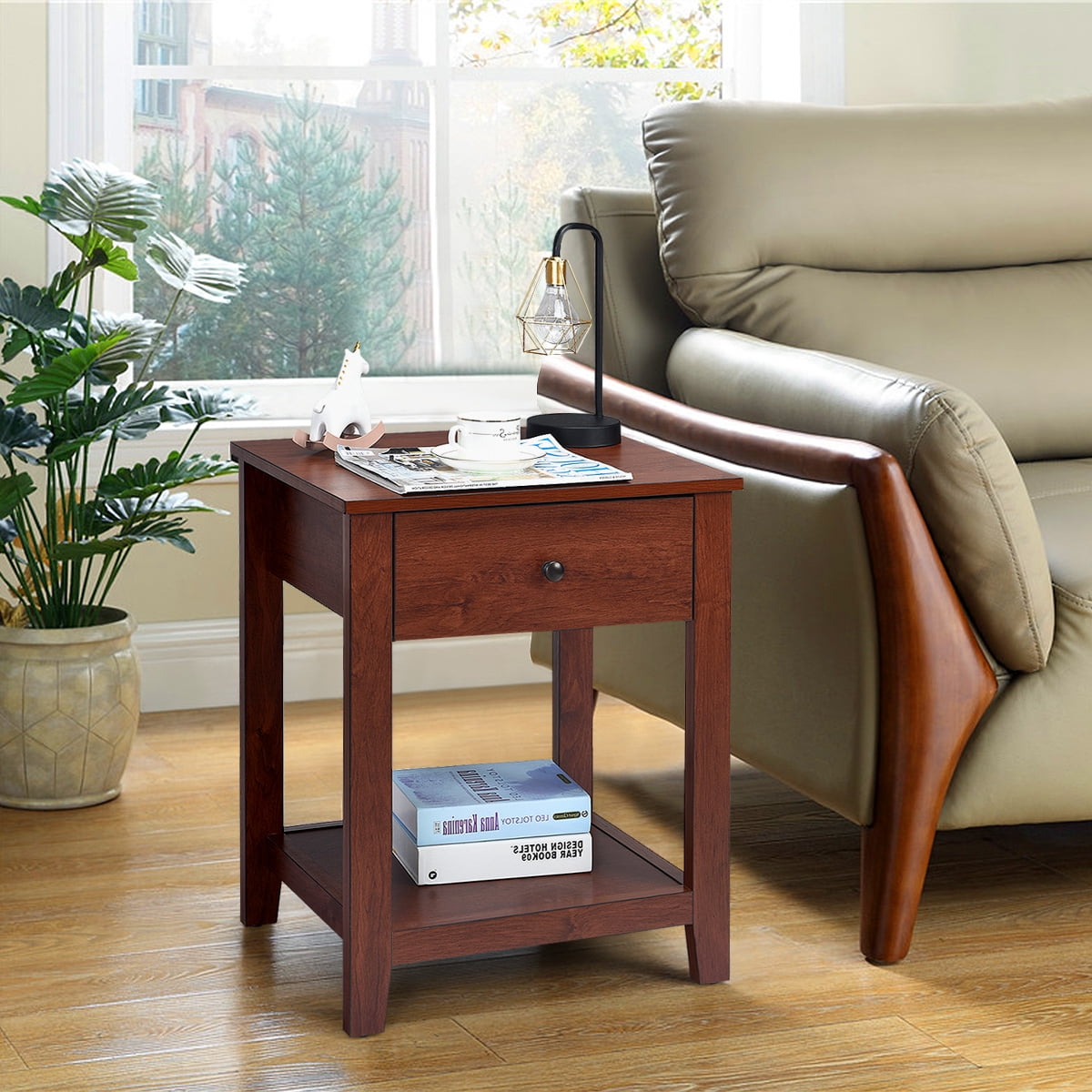 Costway Set of 2 Night Stand End Side Table Bedside Sofa Accent Table w/Drawer and Shelf