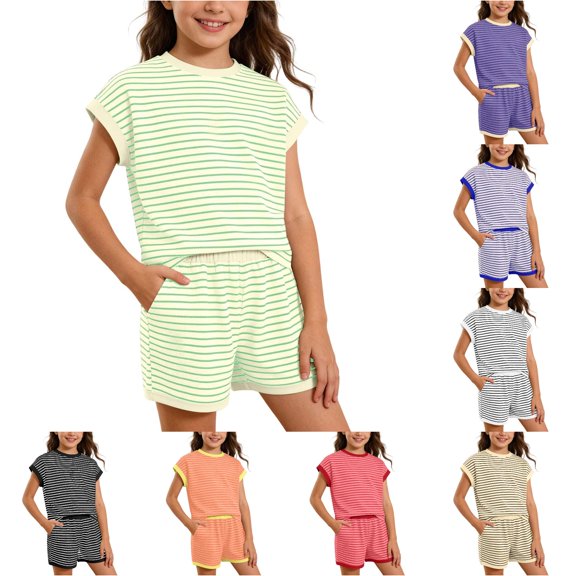 RUTAYY Girls 2 Piece Outfit Set Crew Neck Short Sleeve Ribbed Striped Top Elastic Waist Side Pocket Shorts Casual Matching Set Green