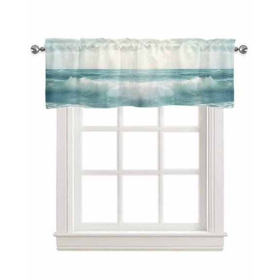 Light Blue Coastal Kitchen Valances for Windows Farmhouse Linen Window Valance Curtain for Living Room Window Treatment Summer Beach Seaside Ocean Valance Rod Pocket Topper Drape, 42 x 18 Inch