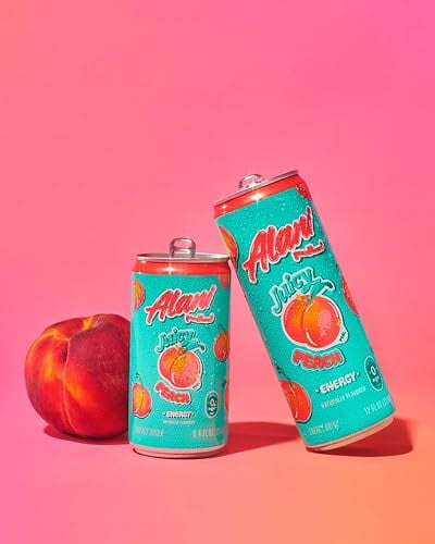 Alani Nu Energy Drink Juicy Peach Flavor 12 fl oz Cans, 8 Pack Low Calorie Sugar Free Energy Beverage