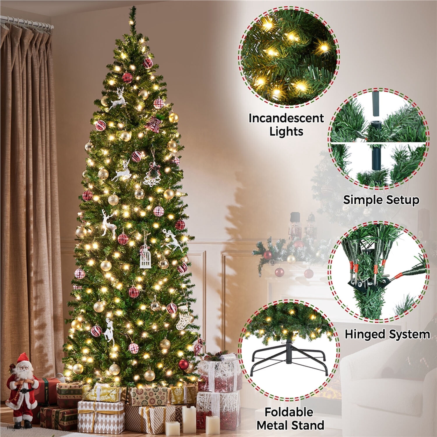 Alden Design 9FT Pre-lit Pencil Artificial Christmas Tree with Stand and 500 LED Lights,Green