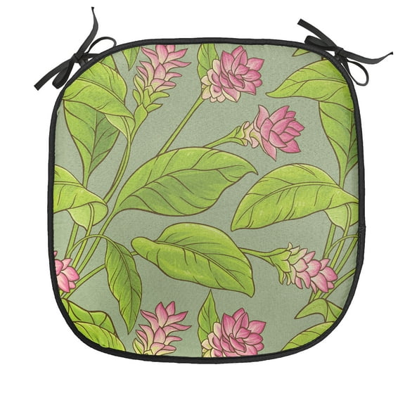 Botanical Chair Seating Cushion, Floral Pattern Cartoonish Turmeric Flower Blossom, Soft Seat Pads for Office with Anti-slip Backing, 16"x16", Green Apple Green, by Ambesonne