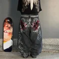 thumbnail image 3 of Y2K, pantalones vaqueros rectos con patrón de calavera y bolsillo clásico retro a la moda, pantalones sueltos de mezclilla de pierna ancha lavados góticos americanos de verano, 3 of 5