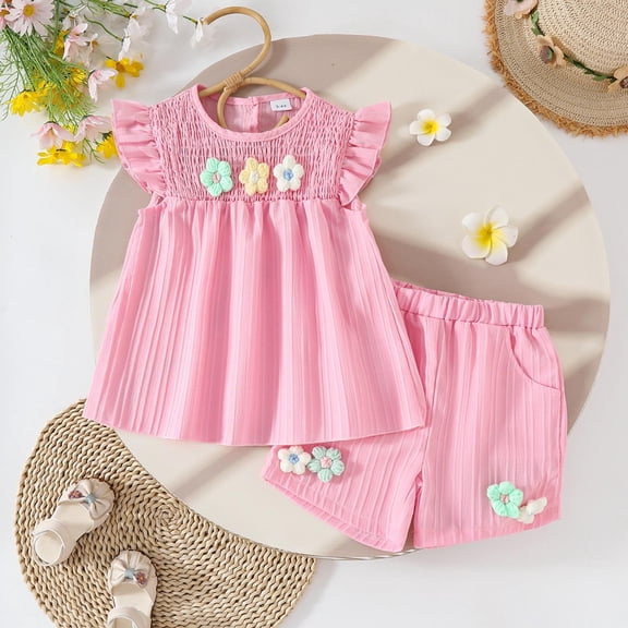 Baby Girl Clothes 9-12 Months Toddler Baby Girls Summer Linen Clothes Floral Sleeveless Ruffled Tank Shirt Top Short Set 12 18 24 Month 2T 3T