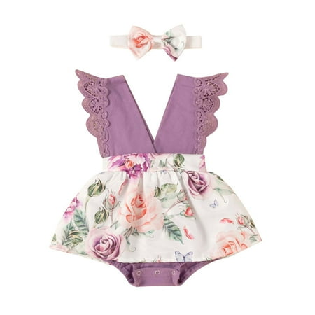 

TUOBARR Toddler Girl Summer Outfits Toddler Baby Girls Outfits V-neck Clothes Cute Flowers Romper Short Skirt Suit Purple 90