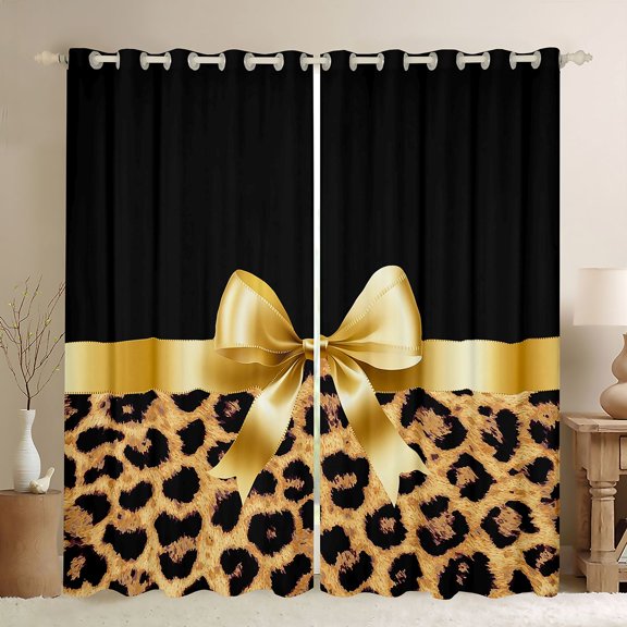 Homewish Leopard Print Blackout Curtains Set of 2 (52x84 Each) For Teens Boys Girls,Kawaii Bow Window Curtains,Black Brown Curtains and Drapes,Super Cozy Room Decor
