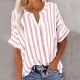 thumbnail image 5 of Womens Short Sleeve Shirts Linen Lightweight Striped V Neck Tops Loose Casual Summer Blouses with Pocket (S, Pink), 5 of 7