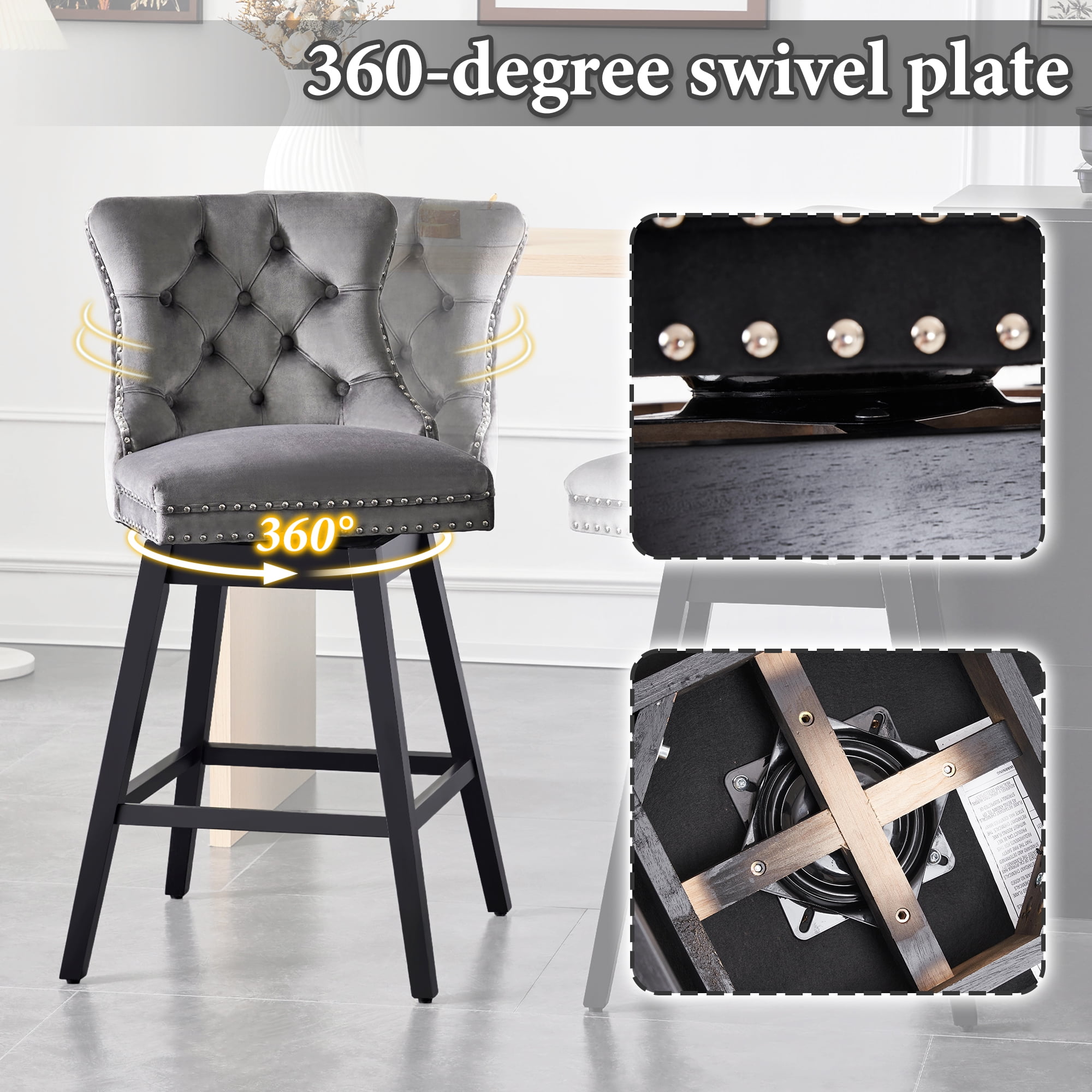 TEWLOSS 26" Swivel Counter Height Bar Stools with Back Set of 2, Gray Velvet Kitchen Stools