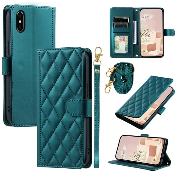 ELEHOLD for iPhone XR Wallet Crossbody Case PU Leather Cover with Card Slots Magnetic Clasp Kickstand Detachable Wriststrap Shoulder Strap Flip Shockpoof Cover,green