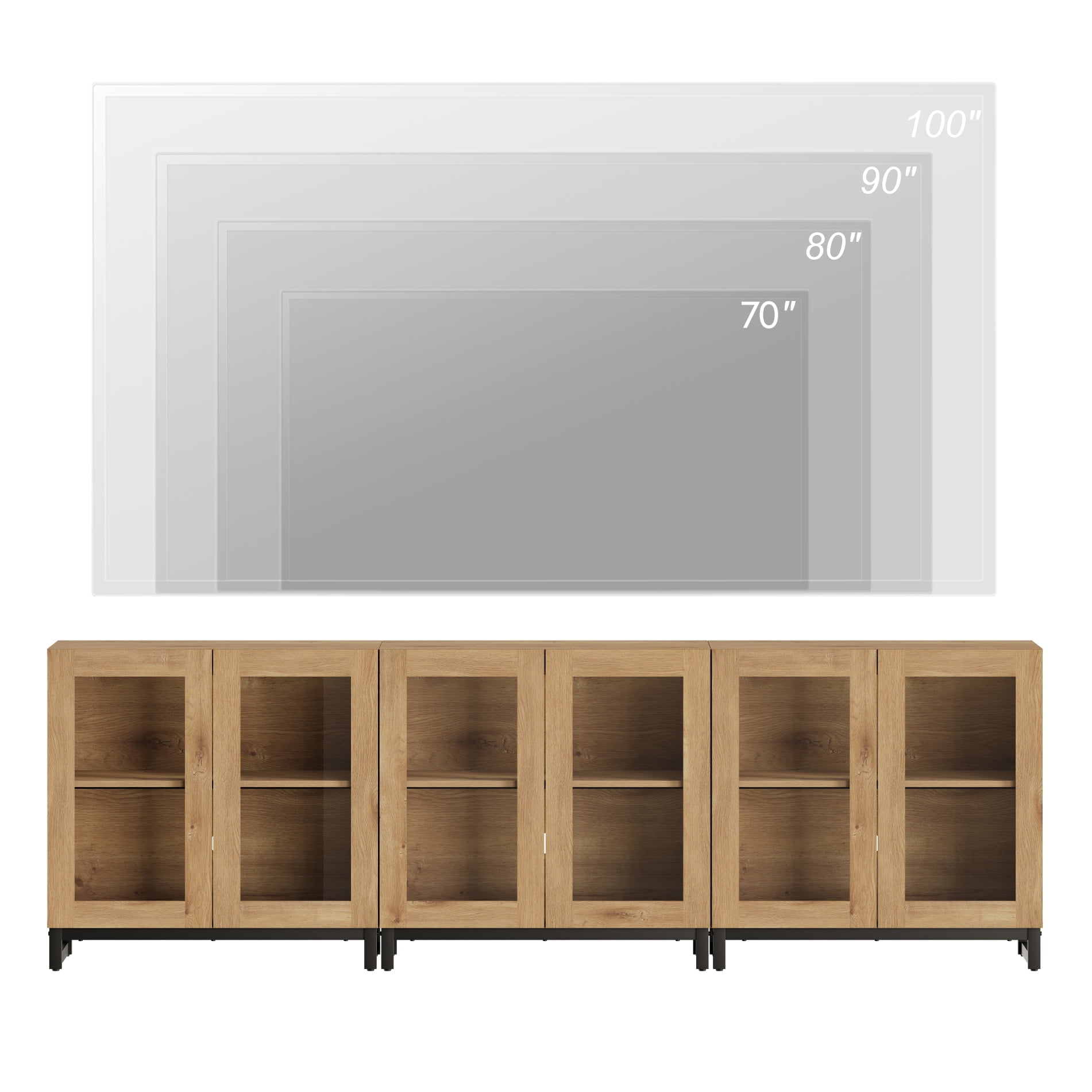 Modern Entertainment Center TV Console with Adjustable Shelves and Glass Doors, Home Media Furniture for 110 Inch TVs, Perfect for Living Room Use,Oak