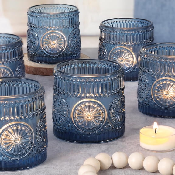 6Pcs Large Votive Candle Holders Blue Glass Tealight Candle Holders for Wedding, Table Centerpiece, Party, Birthday, Home Decor