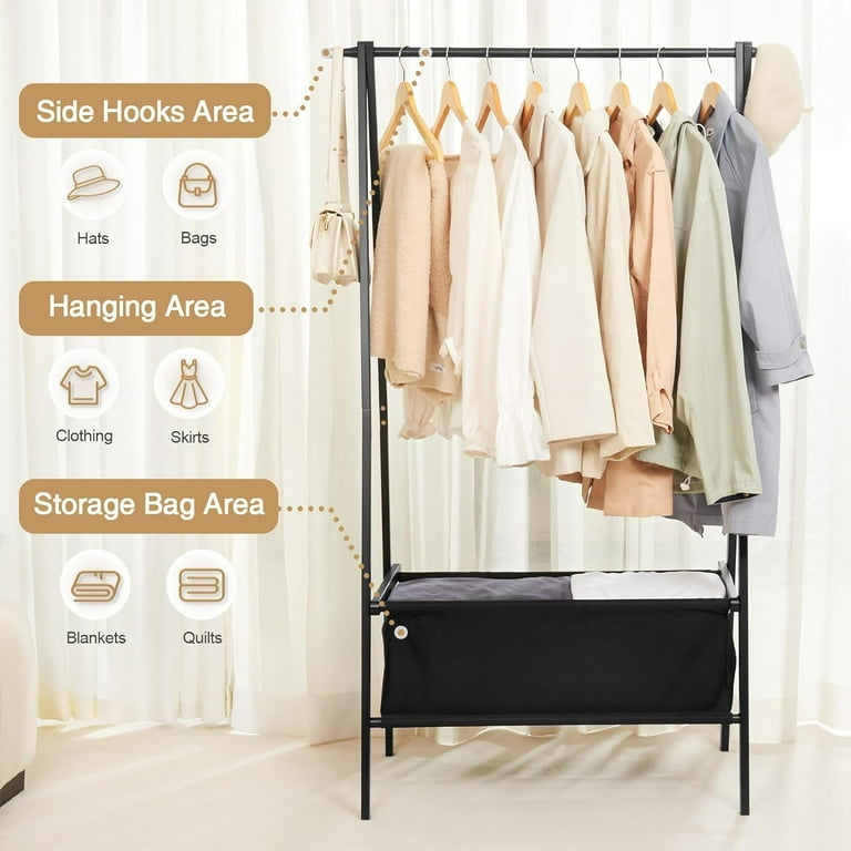 Bamboo Clothes Rack with Storage Box Garment Rack Clothing Racks for Hanging Clothes Foldable Wardrobe Storage Rack for Entryway and Bed Room