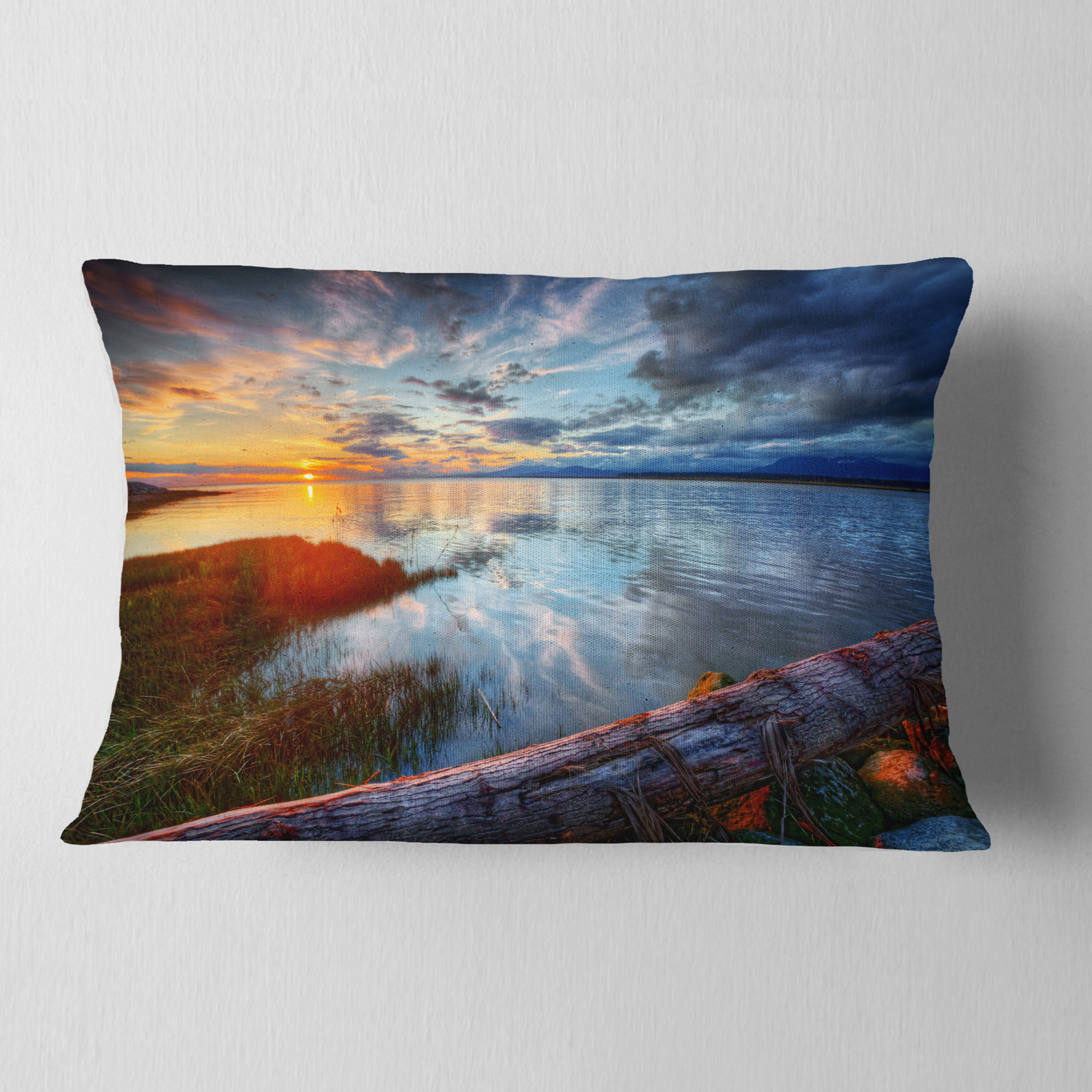 Designart Colorful River Sunset With Log - Seashore Throw Pillow - 12x20