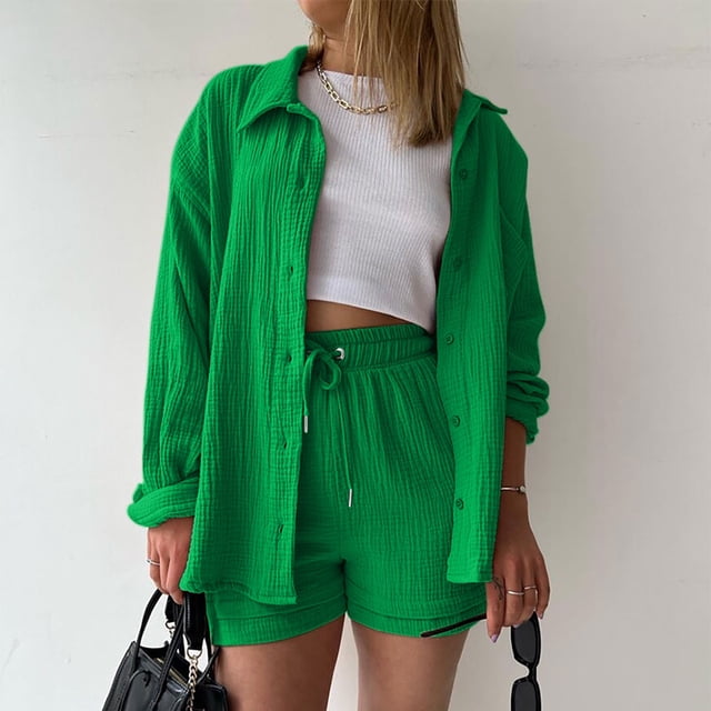 ZVAVZ Womens Lounge Sets for Spring Womens Summer Wrinkle Tracksuits Laple Neck Buttons Down Shirts Drawstring Shorts Pants Sets Womens Two Piece Outfits Casual