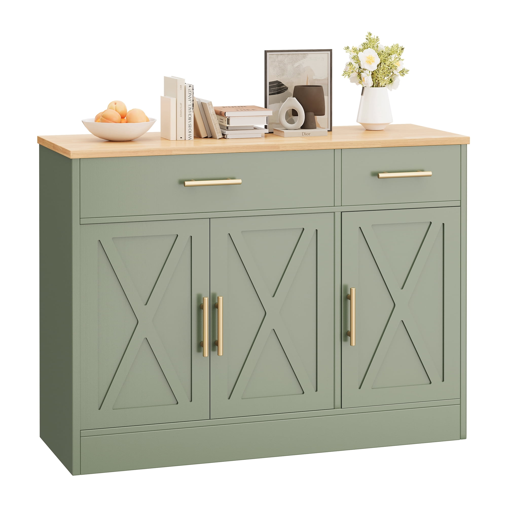 Walsunny Sideboards Buffets Cabinet Table 42.5 with 2 Drawers 3 Doors Adjustable Shelf Farmhouse Coffee Bar Cabinet with Storage for Kitchen Living Room Dining Room Green