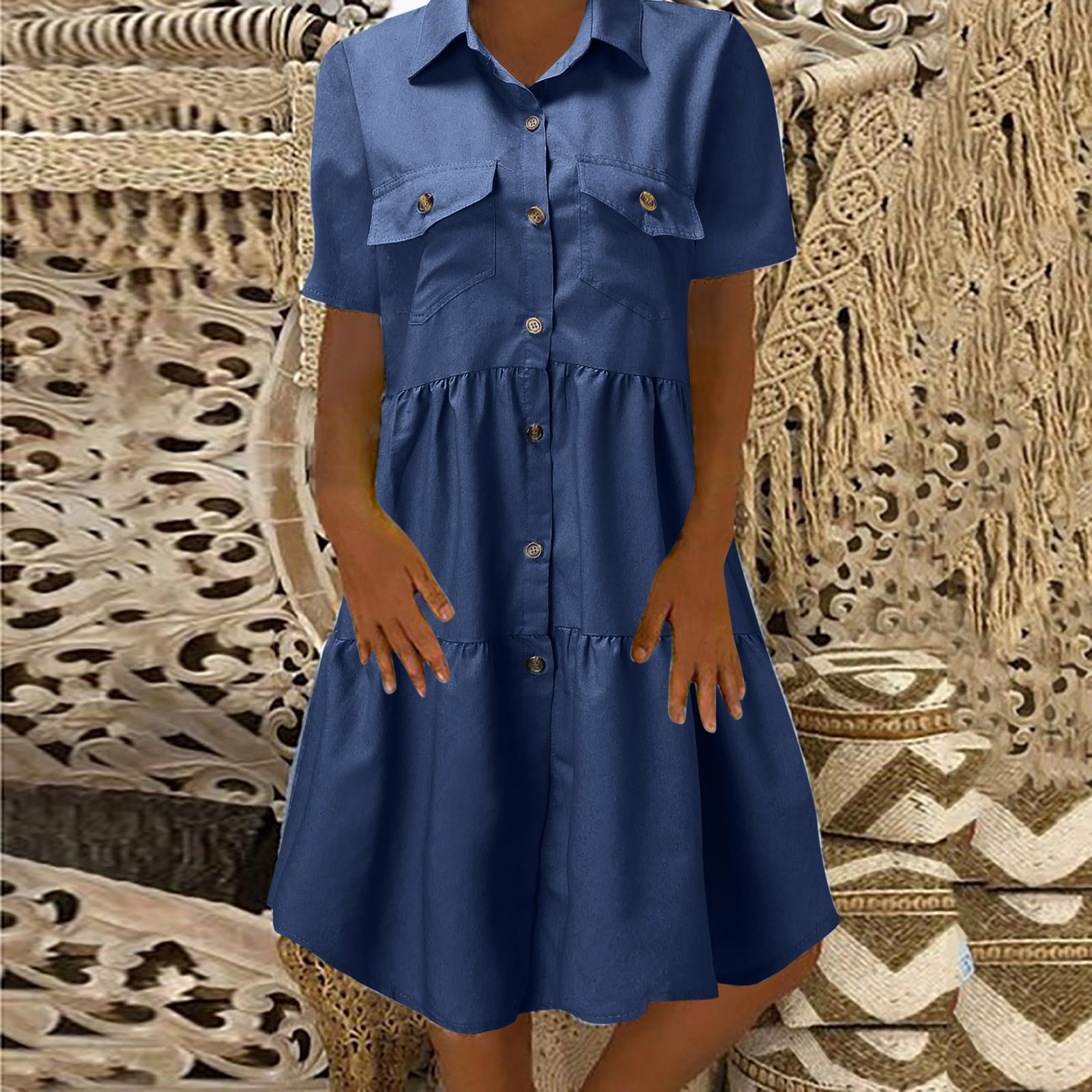 Women's 2021 Fashion Summer Lapel Short Sleeve Distressed Denim Dress Young Dresses Bamboo Dress - Walmart.com