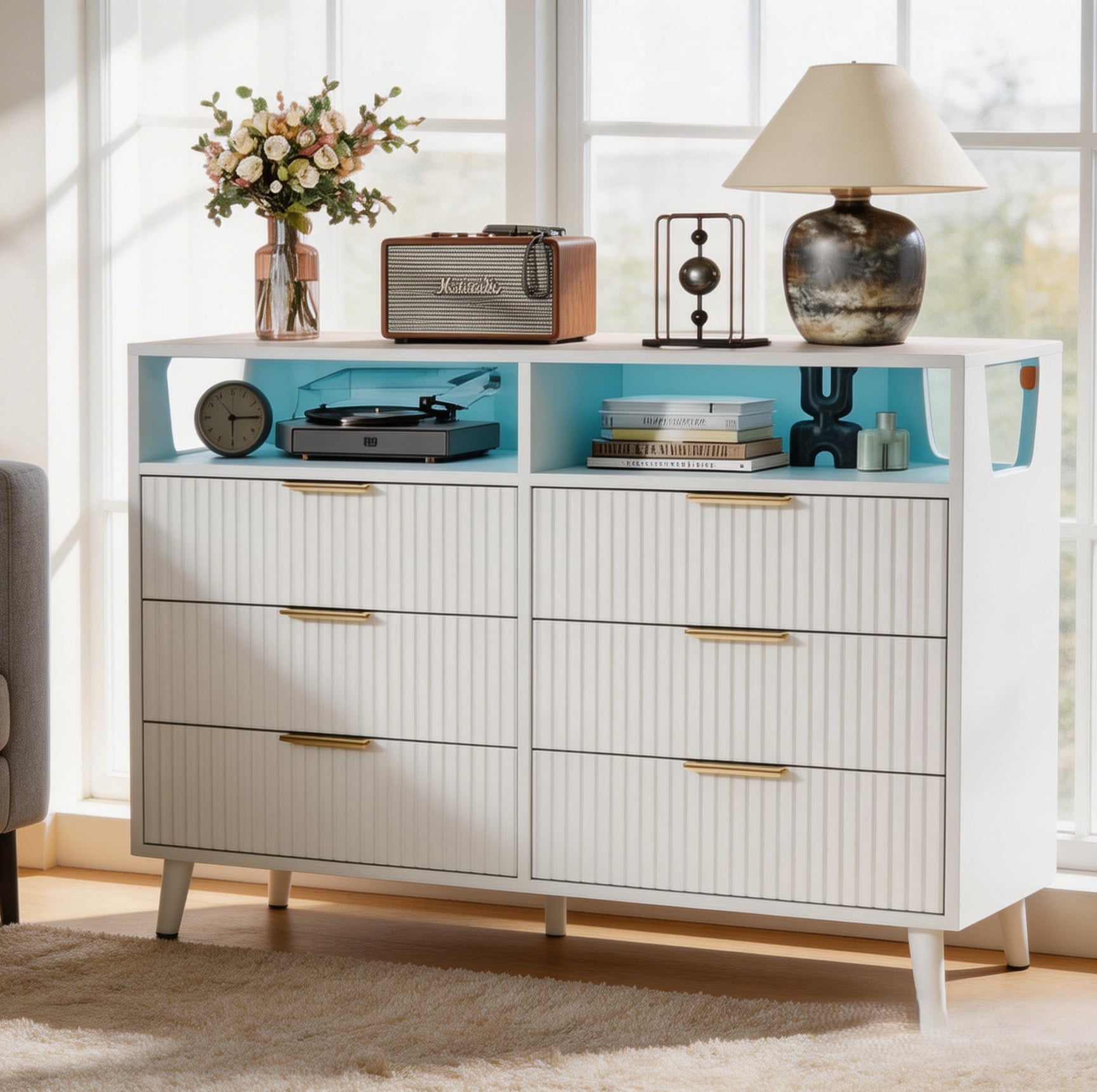 UBesGoo Fluted 6 Drawer Dresser with LED Lights, Modern Chest of Drawers Wood Dresser TV Stand, Double Dresser for Bedroom, Living Room, Hallway