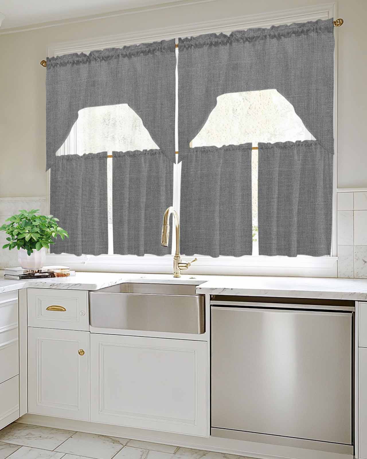 Vintage Dark Gray Kitchen Curtains Swag Valance and Tier Curtains Set 24 Inch Length, Farmhouse Retro Solid Color Linen Texture Rod Pocket Drape Panels Pair Swag Curtains for Bathroom/Cafe/Window