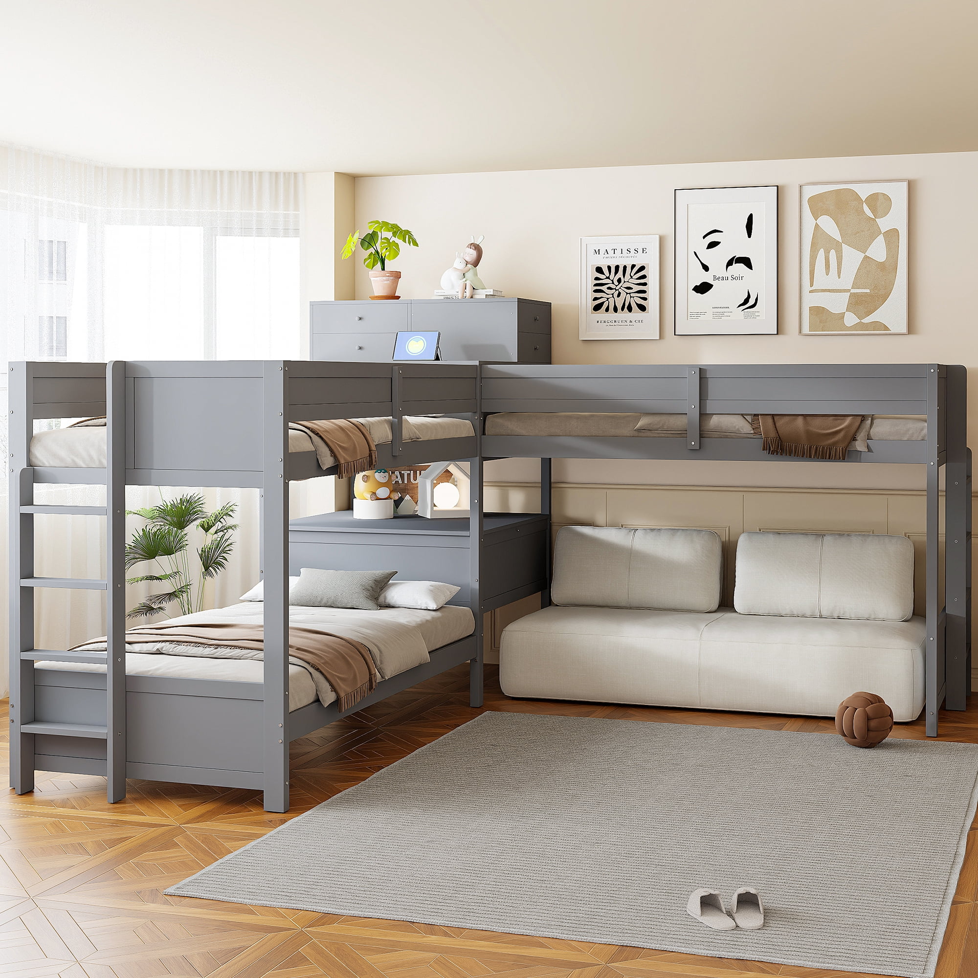 Mintazer Twin L-Shaped Triple Bunk Bed with Desk & Charging Station, Triple Bunk Bed with 4 Drawers & Guardrails for Kids Teen Bedrooms, Gray