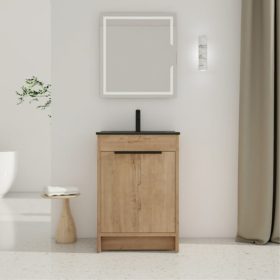 24" Bathroom Vanity With Black Ceramic Sink. Soft-close Cabinet Doors, Metal Handle, Adjustable Shelf. Construction 2 Strong Plywood