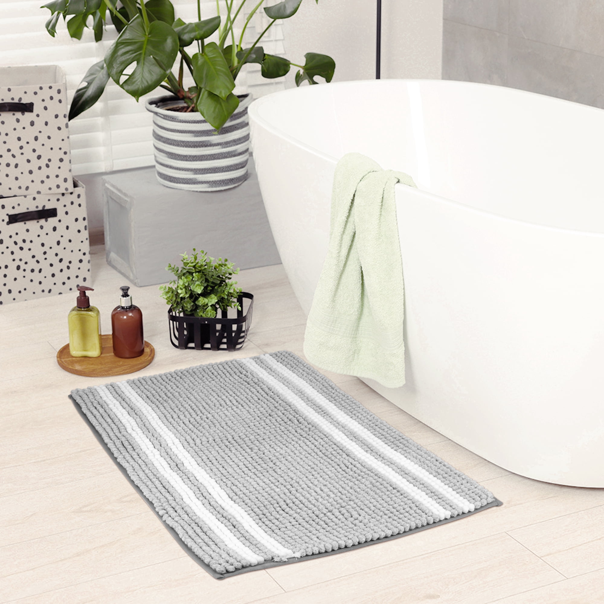 Unique Bargains Striped Bathroom Rugs Soft Fluffy Chenille Bath Rugs Light Grey 16" x 24"