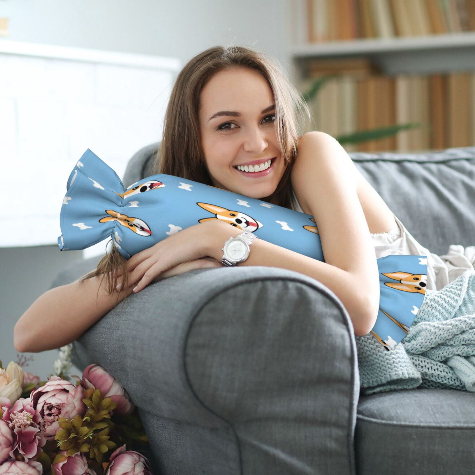 Candy Throw Pillow Travel Cervical Pillow Cylindrical Neck Body Cushion With Insert For Bed Couch Home Decor 9.8x24.4in Animal Dog Cartoon Pattern With Bones