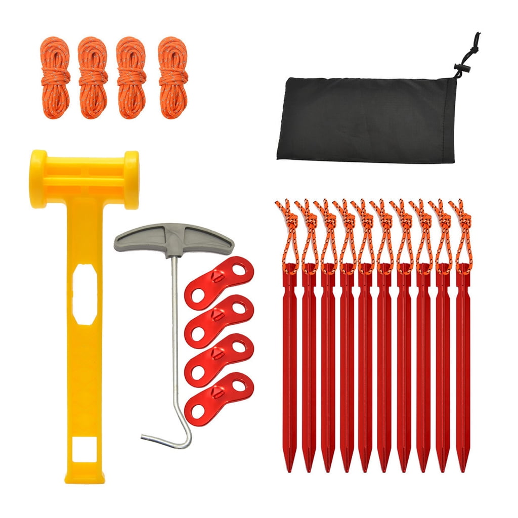 Secure Your Tent with 10xAluminum Stakes 4xNylon Guyline Rope 1xHammer Lightweight Camping Accessories for Outdoor Use