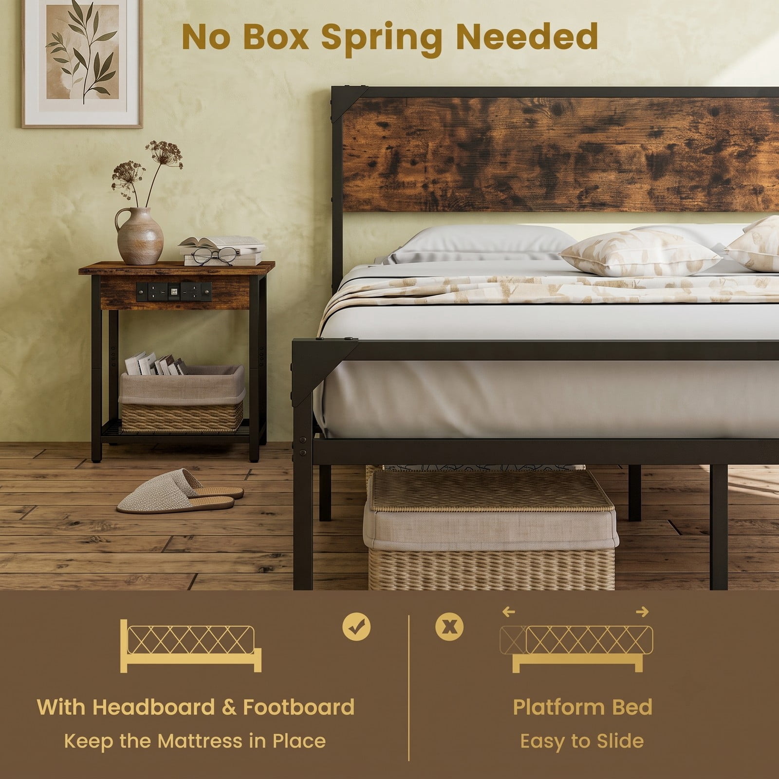 Furnibear Queen Platform Bed Frame with Rustic Wood Headboard and Footboard and Under-Bed Storage for Bedroom, Rustic Brown and Black