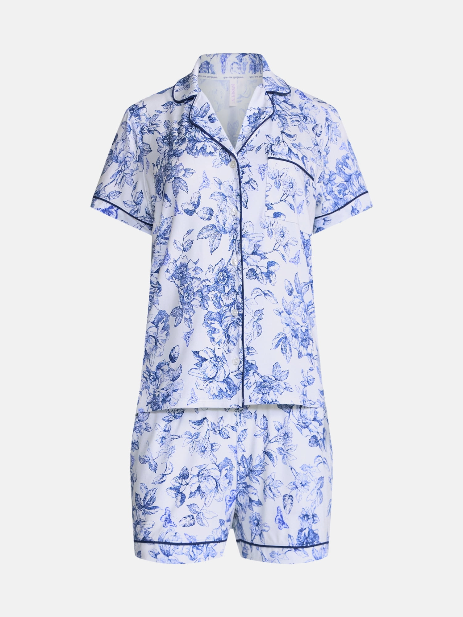 Joyspun Women’s Dreamy Soft Collection Notch Collar Knit Top and Boxer Shorts, 2-Piece Pajama Set, Sizes XS-3X