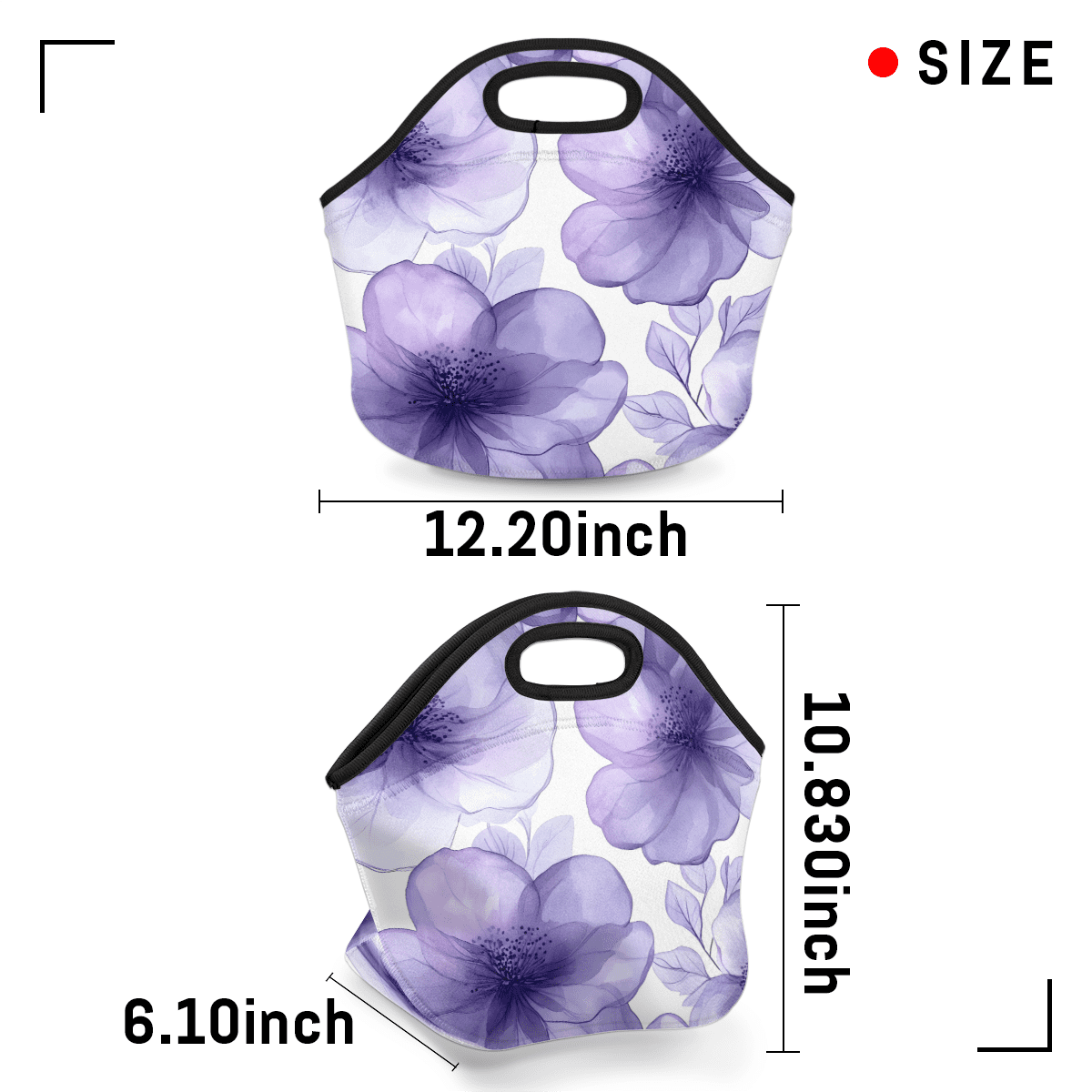 Herdesigns Purple Insulated Lunch Bag Neoprene Lunch Box for Women Men Soft Cooler Bag Floral Washable Lunch Tote for Work Outdoor Picnic