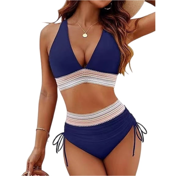High Waisted Bikini Sets for Women Tummy Control Swimsuit Color Block Full Coverage Push up Sexy 2 Piece Bathing Suit Navy M