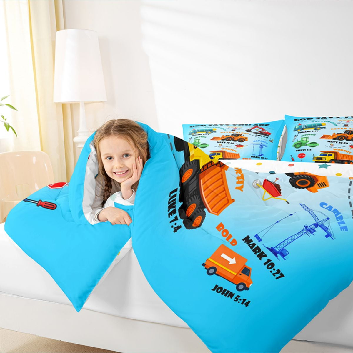 Manfei Construction Truck Bedding Comforter Set,Excavator Twin Comforter Sets,Equipment Vehicles Bulldozer Bedding Set For Boys Teens,Microfiber Bedroom Decor Reversible,2 Pieces