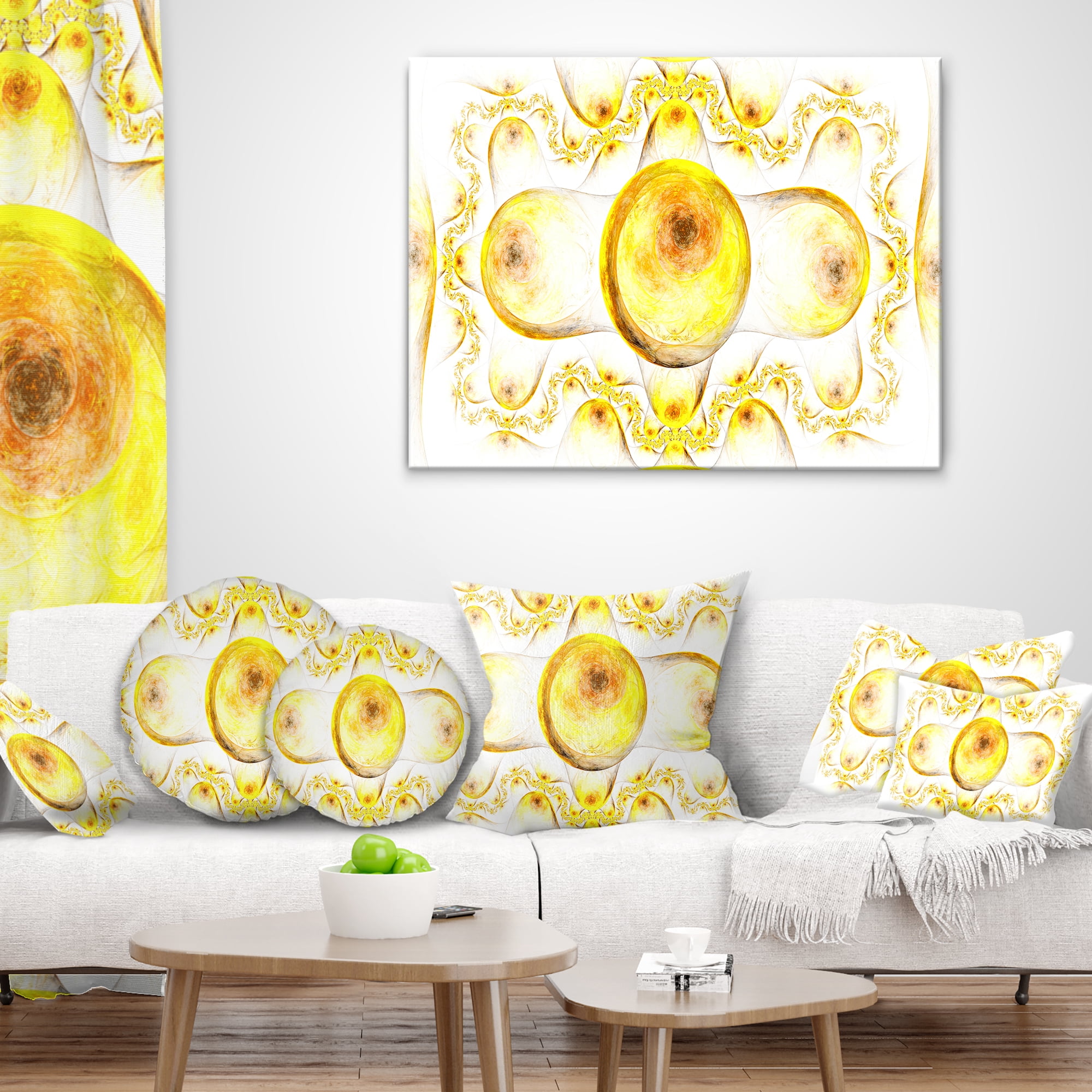 Designart Yellow Exotic Pattern on White - Abstract Throw Pillow - 16x16