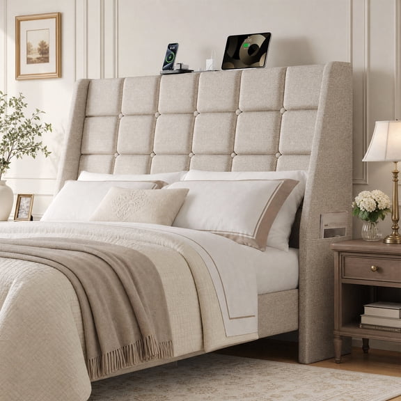 ROGALIS Full Headboard with Storage Pockets,Linen Wingback Headboards with Charging Station,Upholstered Headboard Only, 2 Bed Frame Adapters, Sturdy Stable,Off White