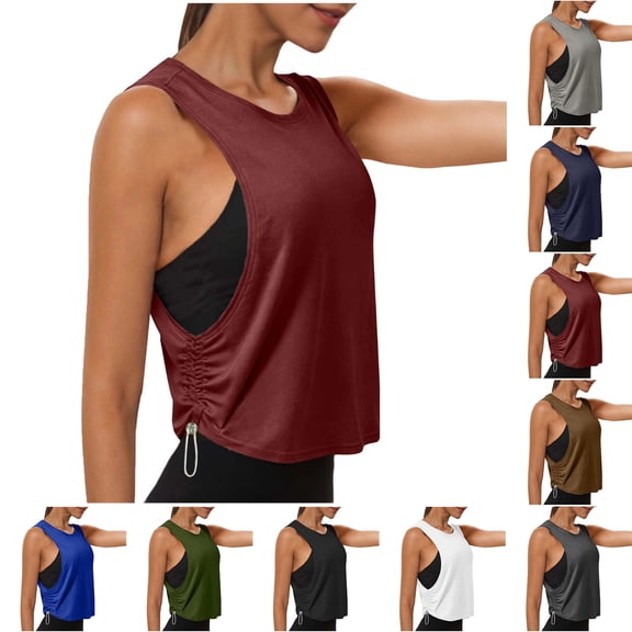 Women's Tops with Drawstring Side Ruched Quick Dry Workout Cropped Tank Large Armhole Sleeveless Yoga Running Gym Athletic Shirts, #01 Wine S