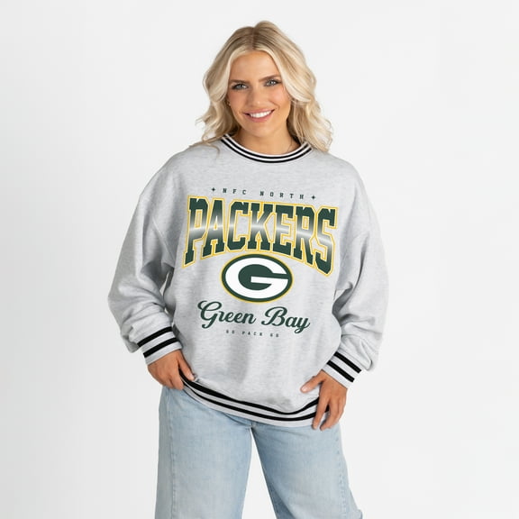 Women's Gameday Couture Ash/Black Green Bay Packers Oversized Gridiron Drive Ringer Stripe Sweatshirt