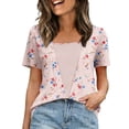 thumbnail image 2 of Womens Pink Floral Print Square Neck Top Short Sleeve Stretchy Faux Two Piece Blouse Relaxed Fit S-3XL,Size S, 2 of 7